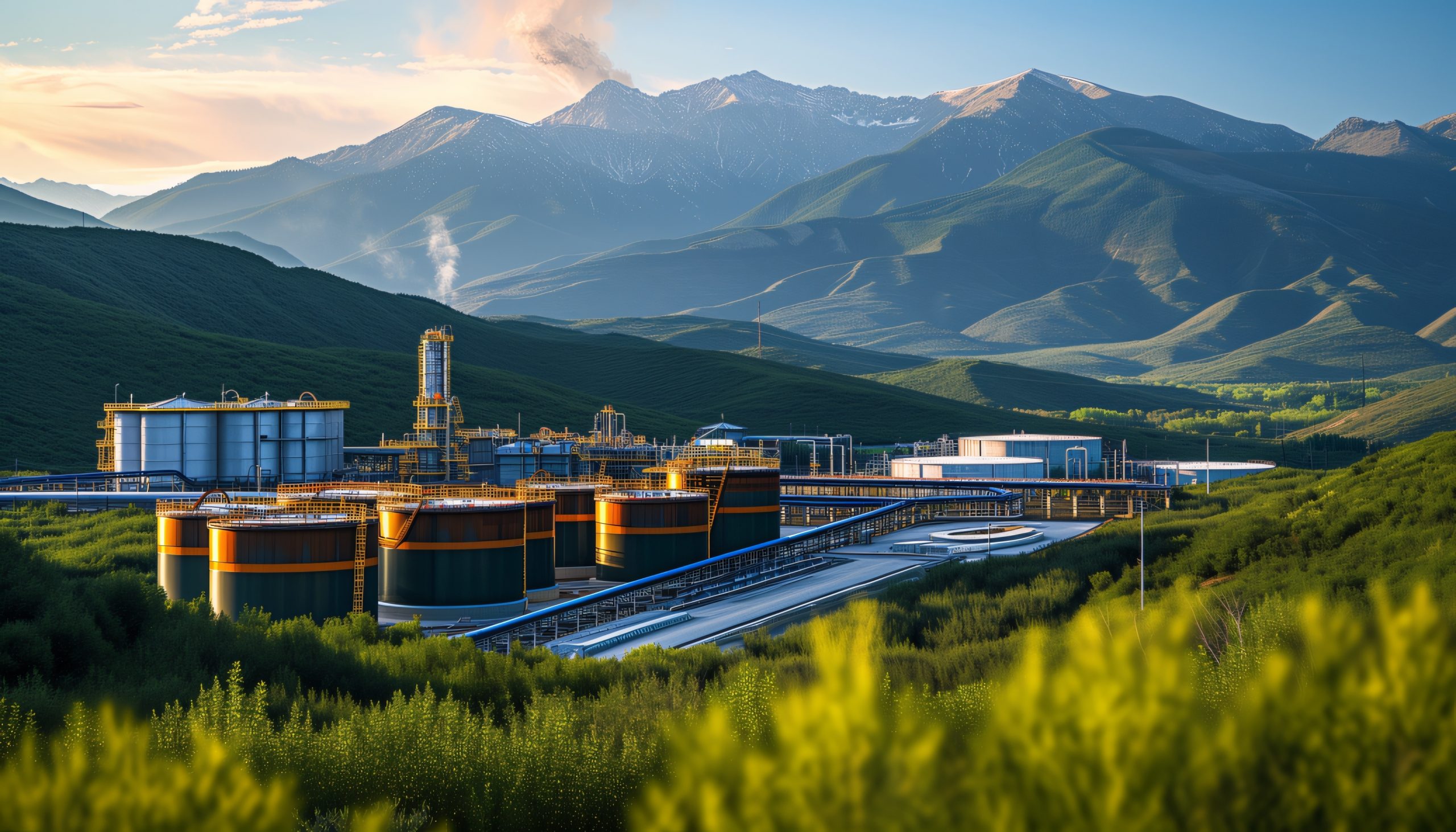 Carbon capture and storage facilities with mountain background